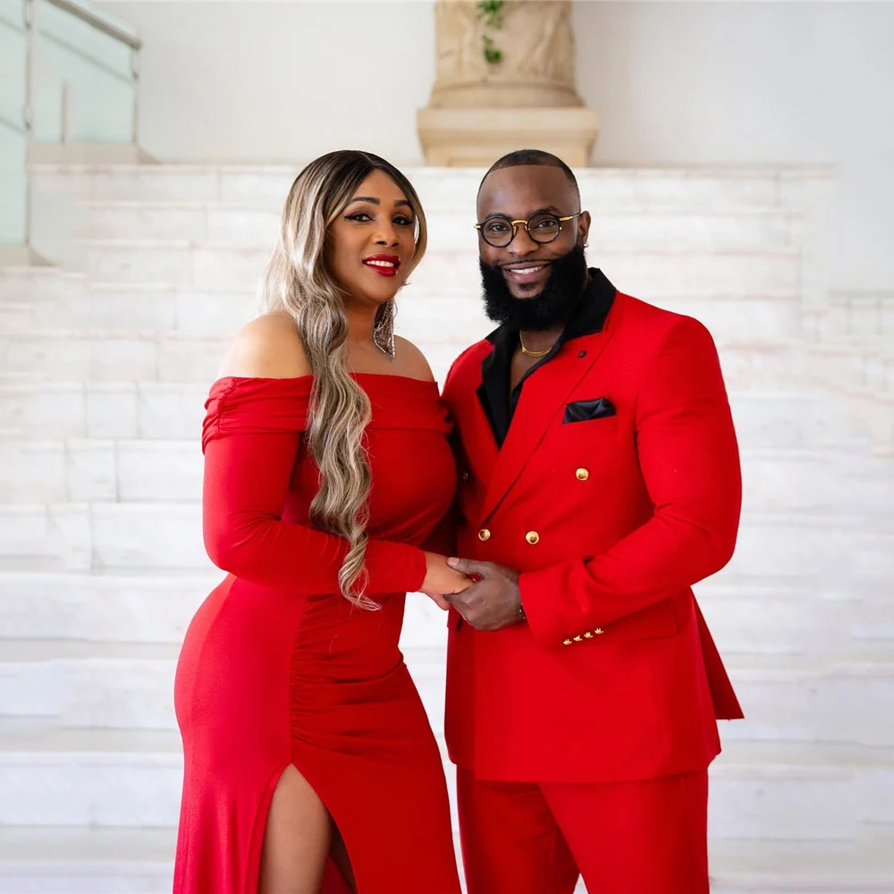 Mens Fashion Blazer - Fashion Double Breasted Business Red Suits